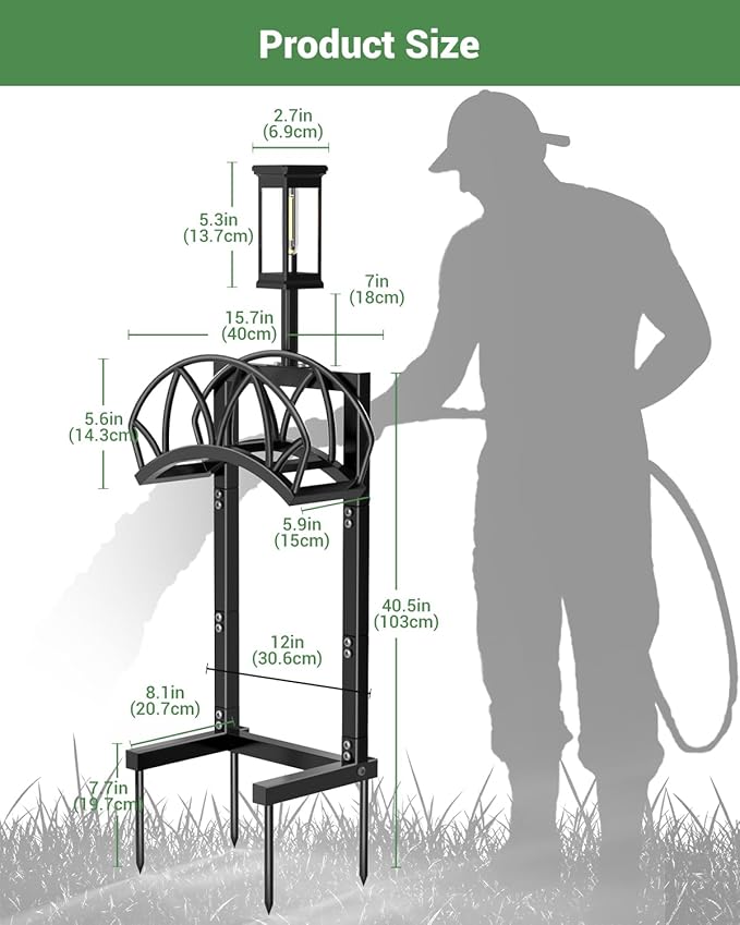 HZE Garden Hose Holder, Freestanding Water Hose Holder Stand for Outside with Solar Light, Heavy Duty Detachable Metal Garden Tube Storage Hanger Rack Holds 160 FT for Yard Lawn Farm, Black