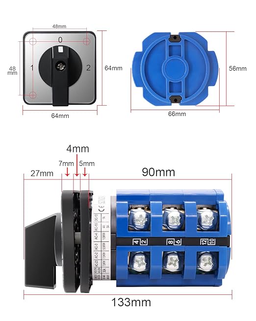 Multi-Transfer Switch AC 660V 63A 3 Positions 12 Terminals - Changeover Selection Switch for RV, Camper and Boat