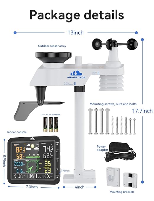 10-in-1 Wireless Weather Station with Outdoor Wireless Sensor,Radio Controlled Clock,Rain Gauge,Wind Speed/Direction,Moon Phase, Barometer,Temperature/Humidity,Weather Forecast (NO WiFi)