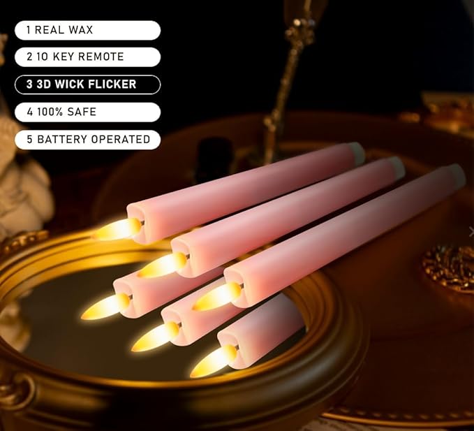 KSWING Upgraded Real Wax LED Flameless Pink Taper Candles with Remote, 6 PCS Candlesticks Battery Operated 3D Flickering - 9.6" Long Realistic Fake Candle Sticks for Home/Wedding/Fireplace Xmas Decor
