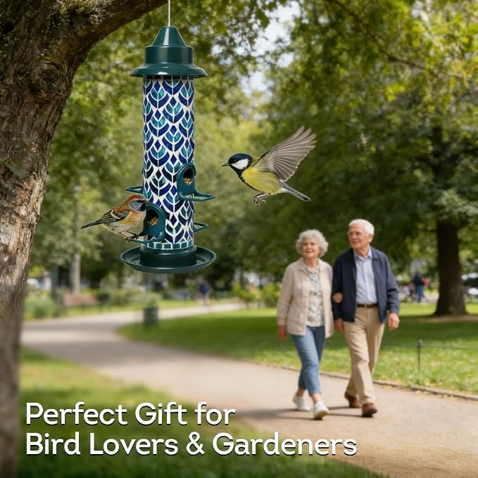 Lily's Home Blue Mosaic Tube Bird Feeder - Attracts Small Birds - 4 Feeding Ports, 3 or 4 Cups Capacity & 6'' Hanging Wire - Tube Bird Feeders for Outdoors Garden - Easy Refill - Twist-Off Cap