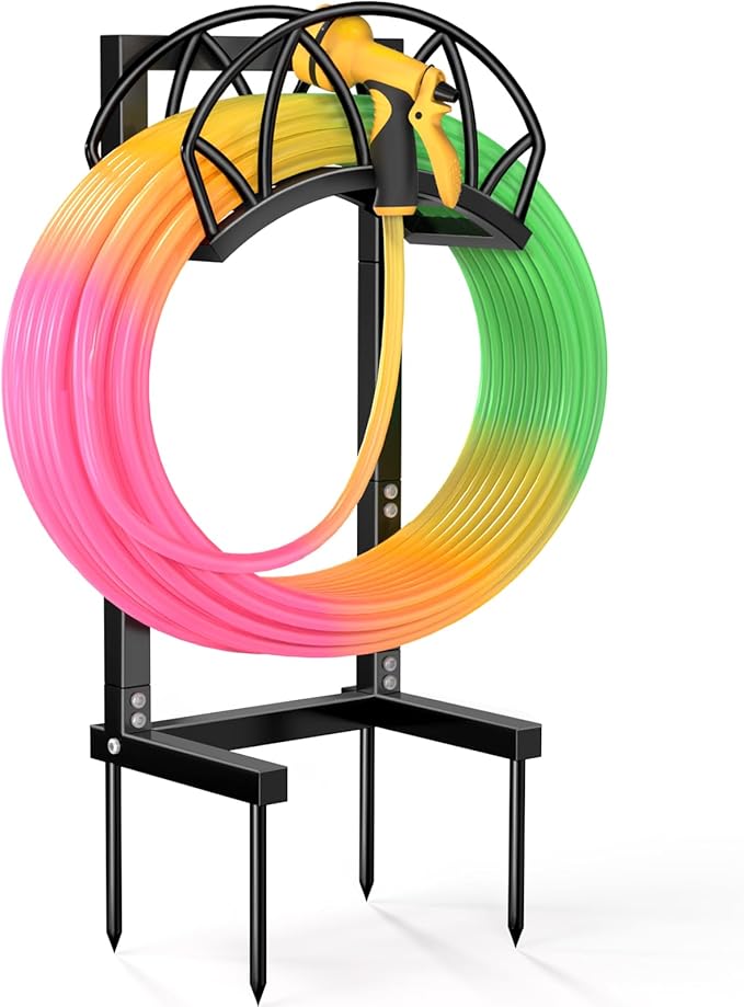HZE Garden Hose Holder, Freestanding Water Hose Holder Stand for Outside, Heavy Duty Detachable Metal Garden Tube Storage Hanger Rack Holds 160 FT for Yard Lawn Farm, Black