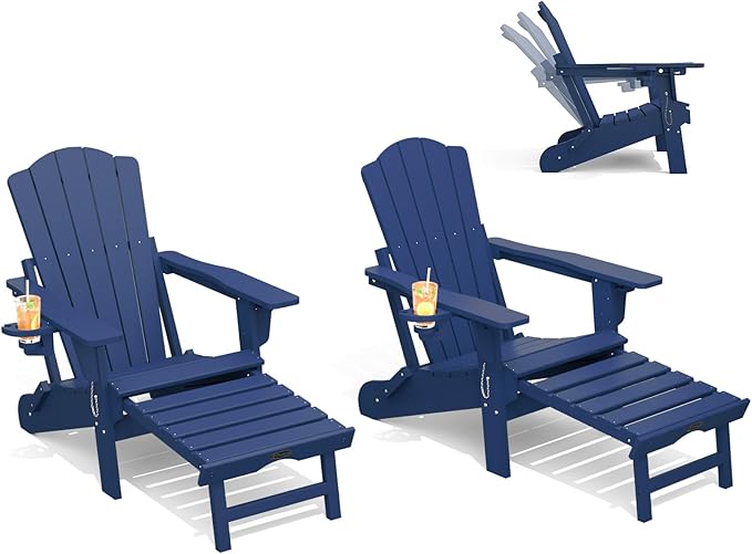 THOEOE Folding Adjustable Adirondack Chairs with Ottoman & 1 Cup Holders Set of 2, HDEP Multifunctional Adirondack Chair with Footrest,Navy Blue