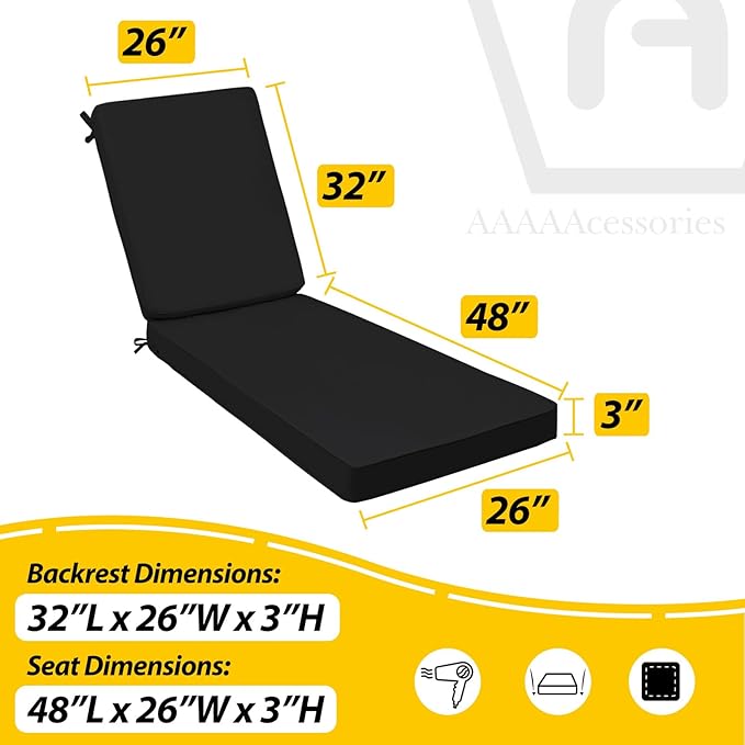 AAAAAcessories Outdoor Chaise Lounge Cushions, Fade-Resistant, Waterproof Patio Furniture Replacement Cushions, 80" x 26" x 3", Set of 2, Charcoal Black