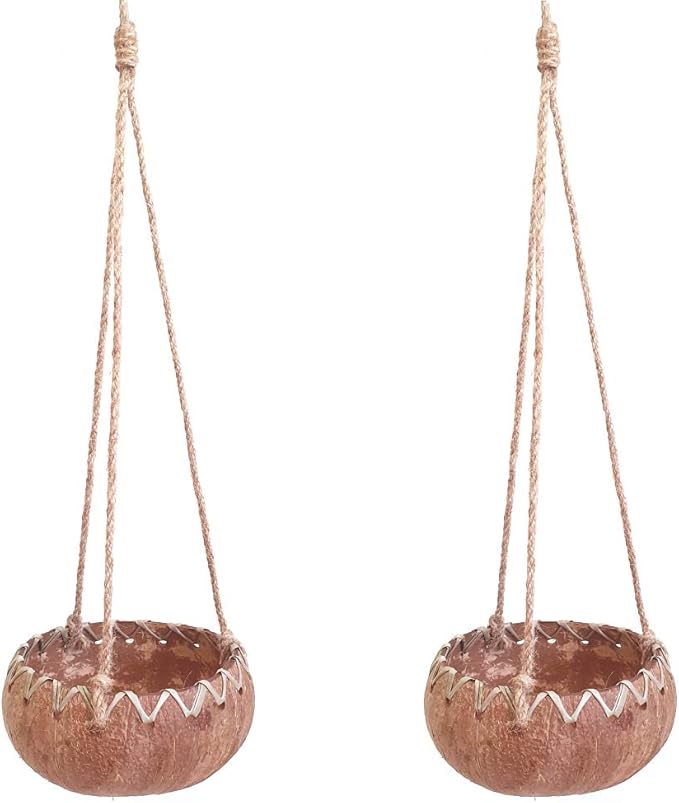 Rainforest Bowls Set of 2 Hanging Fiber Coconut Planters w/Drainage Hole- Perfect for Succulents, Flowers, Small Plants, Indoor & Outdoor Gardens- Handcarved by Artisans, Eco-Friendly & Sustainable