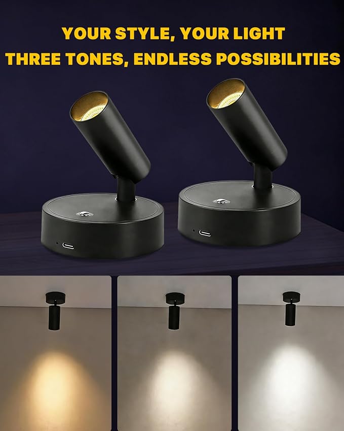 6PACK Dimmable Indoor Spotlights - LED Rechargeable 350° Rotatable Wireless Lighting, with 3 Colors for Plants, Paintings, and Artwork Accent Lighting (Black)