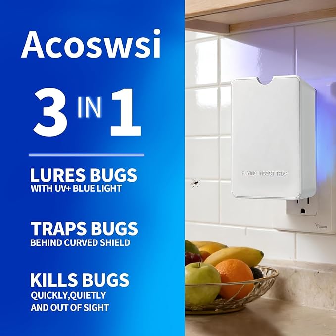 Indoor Fly Trap Plug in, Flying Insect Trap with Blue UV Light, Fruit Fly & Gnat Trap for Indoors, Mess-Free Bug Catcher for Home, 2 Device + 10Refill Glue Cards