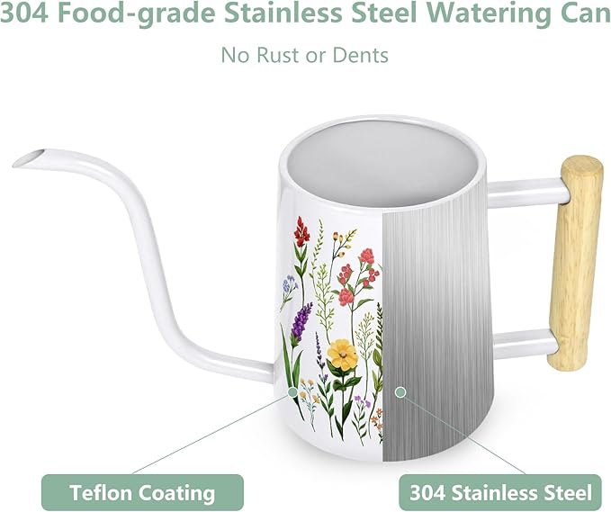 Watering Can Indoor Plants, 35 oz/1000 ml Metal Stainless Steel Watering Can Pot with Long Spout for Indoor House Plants Bonsai Outdoor Garden Flower Decorative White Flowers