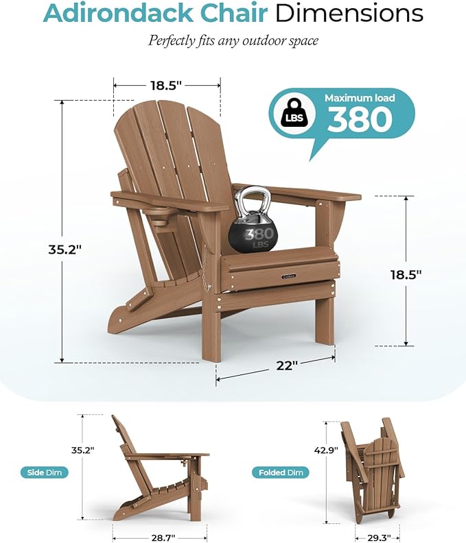 Ciokea Folding Adirondack Chair 4 Pack, Patio Adirondack Chair Weather Resistant, Plastic Fire Pit Chair with Cup Holder, Lawn Chair for Outdoor Porch Garden Backyard Deck (Teak)