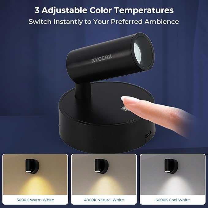 4Pack Spot Lights Indoor for Paintings, LED Rechargeable Grow Lights for Indoor Plants - Dimmable Spotlights for Artwork, Plants, Trees, 3 Colors & Dimmable, 350° Rotatable (Black)