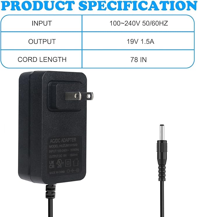 19V Portable Power Supply Charger for Marbero M82 M82MAX M822 M822MAX M87 M88 M168 Portable Power Station Solar Generator Battery 19V 1.5A Wall Adapter Charger