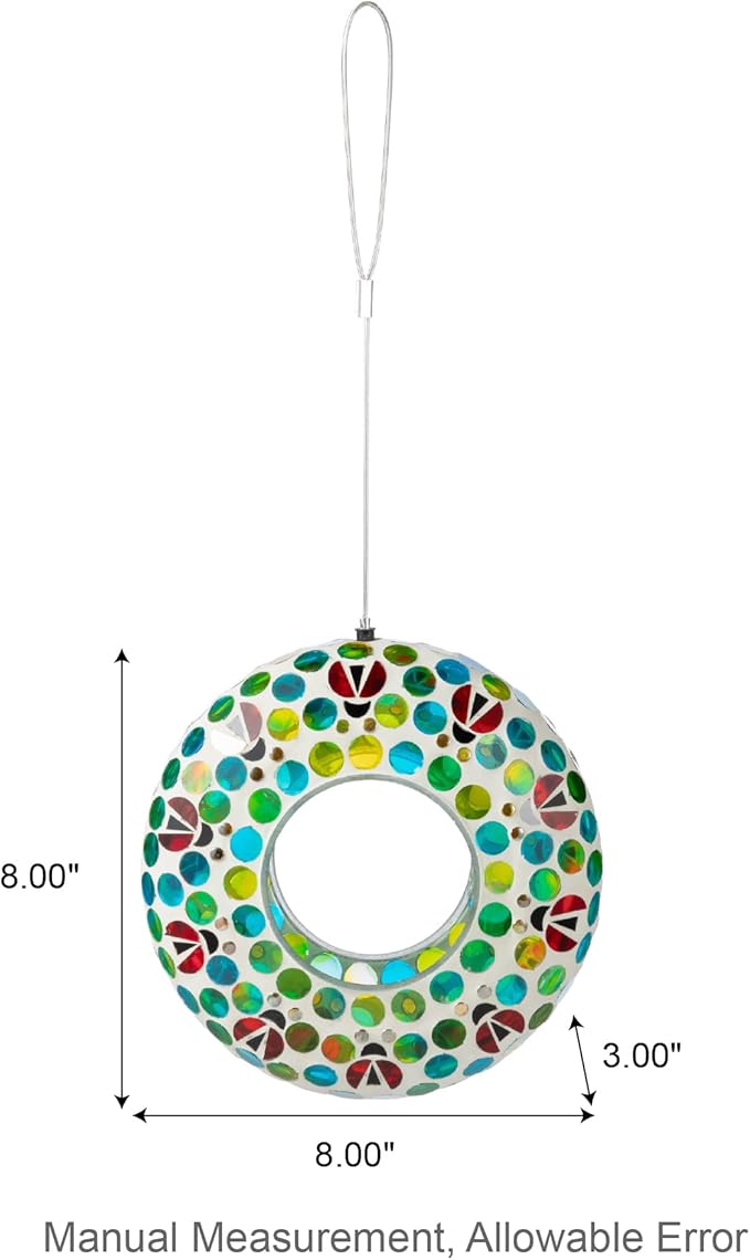 Glitzhome 8''D Mosaic Hanging Bird Feeder, Wild Bird Feeder with Blue/Green Dots & Ladybugs, Fly Through Bird Feeder for Outdoors Garden Yard Patio Deck Porch Decor