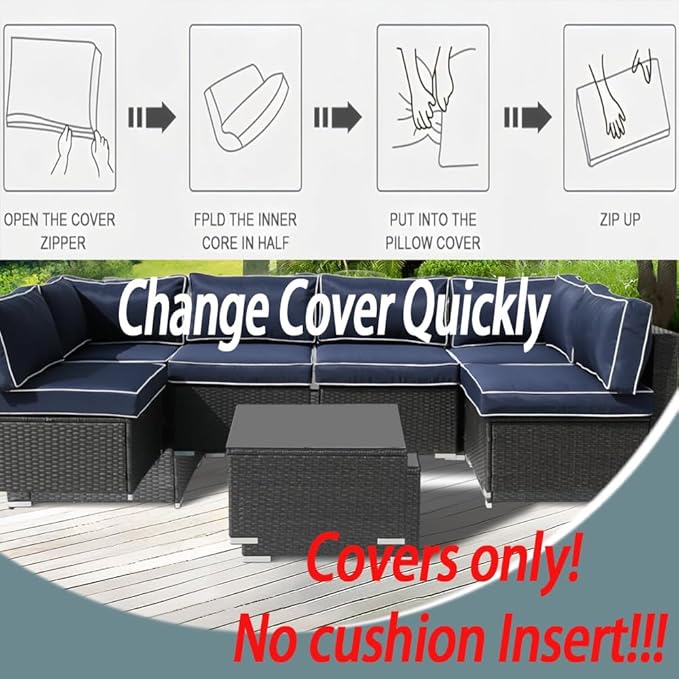 14Pcs Outdoor Cushion Covers Replacement Washable w/Zipper for 6-Seaters Sofa Patio Slipcovers Set Seat and Back Covers Only-25.6x25.6x3.9inch
