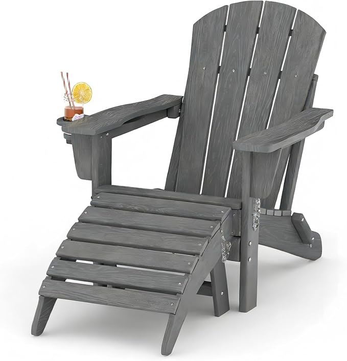 GarveeLife Folding Adirondack Chair Set of 2 with Ottoman, All-Weather HDPE Outdoor Chair, Wooden Textured with Cup Holder for patios, Decks, Gardens, fire pits, Grey
