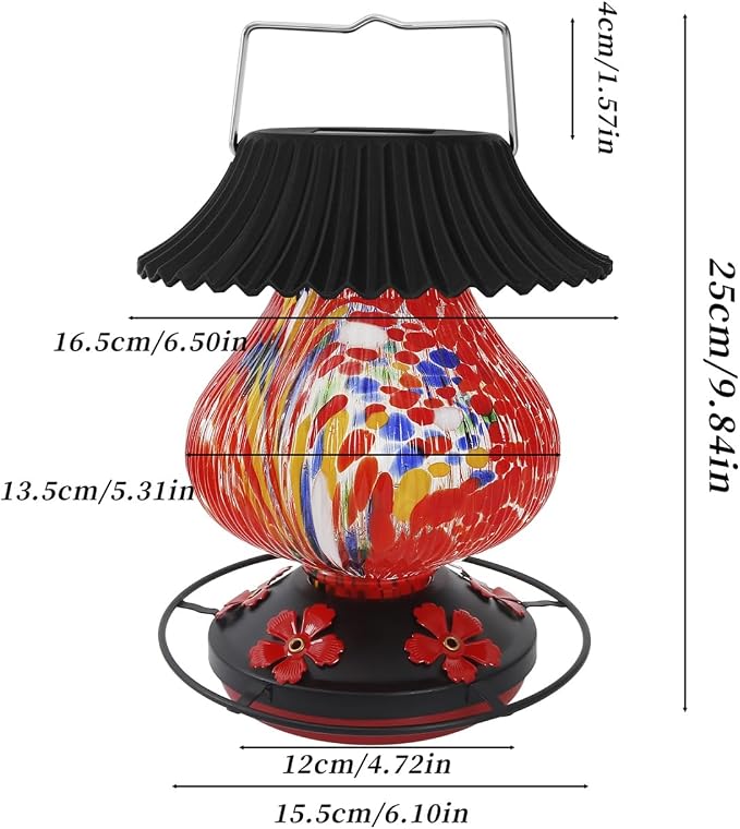 Solar Glass Hummingbird Feeder for Outdoors- 26 fl.oz Best Solar Hummingbird Feeders- 5 Feeding Ports with Perch - Wasp Leak Proof- Perfect Hand Blown Glass Color Changing for Outdoors Hanging (Red)