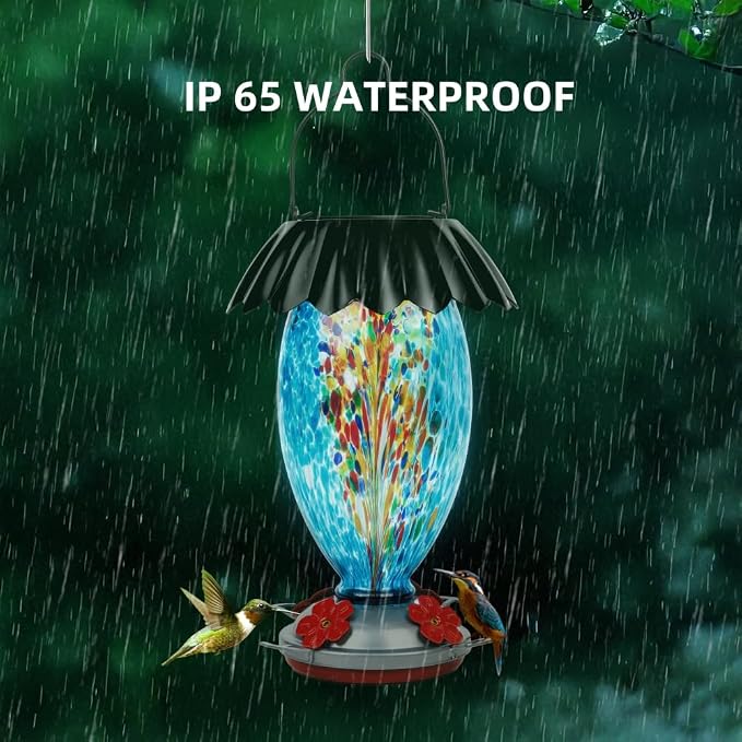 Solar Hummingbird Feeder for Outdoors Hanging Colorful Lighting 32 Oz Hand Blown Glass Hummingbird Feeder for Garden Decoration with Accessories (Color)