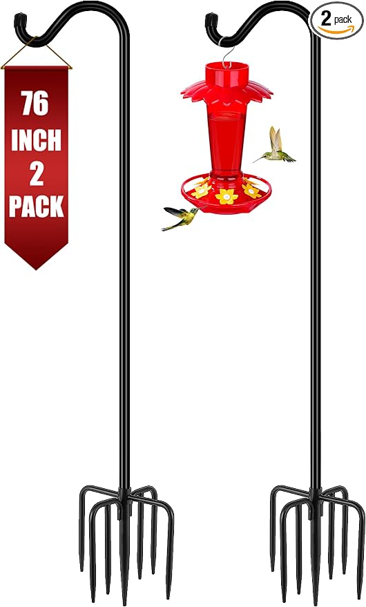Gtongoko Shepherds Hook for Outdoor, 76 Inch Bird Feeder Pole with 7 Prongs Base, 3/4 Inch Thick Heavy Duty Adjustable Garden Hook for Hanging Plant, Hummingbird Feeder, Lantern, 2 Pack