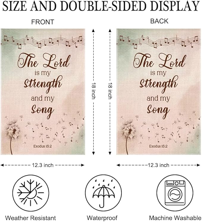 The Lord Is My Strength And My Song Garden Flag Double Sided Yard Outdoor Decoration 12x18 Inch, Exodus 15:2 Outdoor Garden Flag, Christian Spring Floral Yard Decor, Housewarming Banner