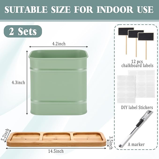 LemonRoad 6 Pcs Indoor Herb Planter Window Herb Pots for Kitchen with Drainage Hole and Bamboo Tray Farmhouse Metal Garden Planter Pot with DIY Label Mom Plant Gift(Sage Green,Square)