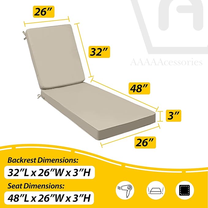 AAAAAcessories Outdoor Chaise Lounge Cushions, Fade-Resistant, Waterproof Patio Furniture Replacement Cushions, 80" x 26" x 3", Beige