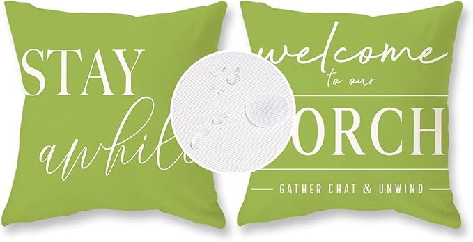 TAJWE Green Outdoor Pillow Covers Waterproof 16x16 Set of 2 Welcome to Our Porch Stay Awhile Cushion Cases for Patio Furniture Sofa Couch Decor