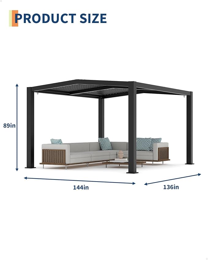 11x13 ft Louvered Pergola, Outdoor Aluminum Pergola with Adjustable Roof Louvers, Reinforced Frame, Integrated Drainage, Weather-Resistant Hardtop Gazebo for Patio, Deck, Backyard, Gray
