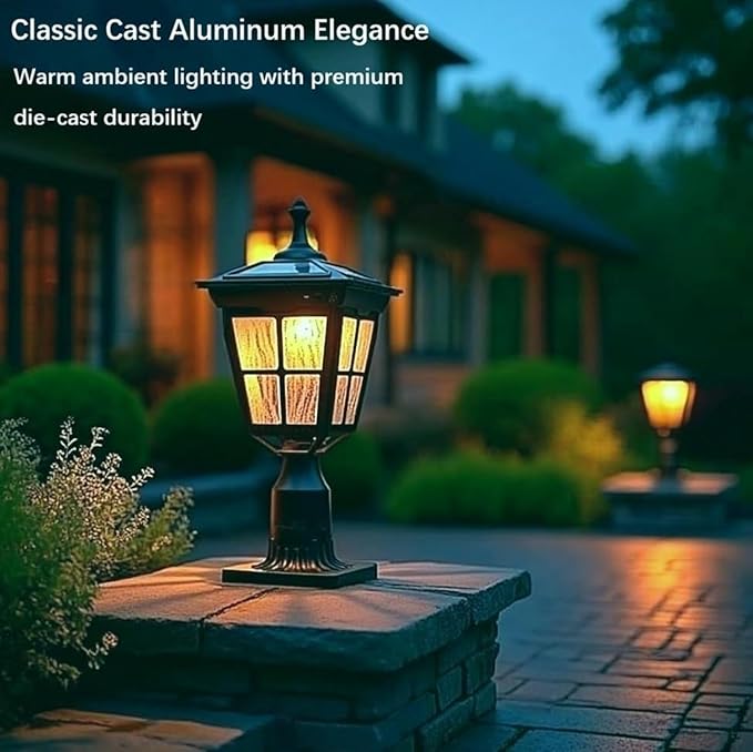 Solar Lamp Post Light, Cast Aluminium Waterproof LED with Glass Outdoor Dusk to Dawn Solar Post Light ST4311AQ for Pier Mount Pillar Gates Garden Pole Column Yard Path Driveway (Black, Lamp)