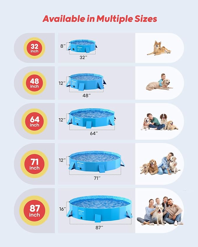 Peteast Foldable Dog Kiddie Pool with Stable Side Support, Hard Plastic Shell Portable Dog Pool, Collapsible Swimming Pools for Pet and Kids, 87 in