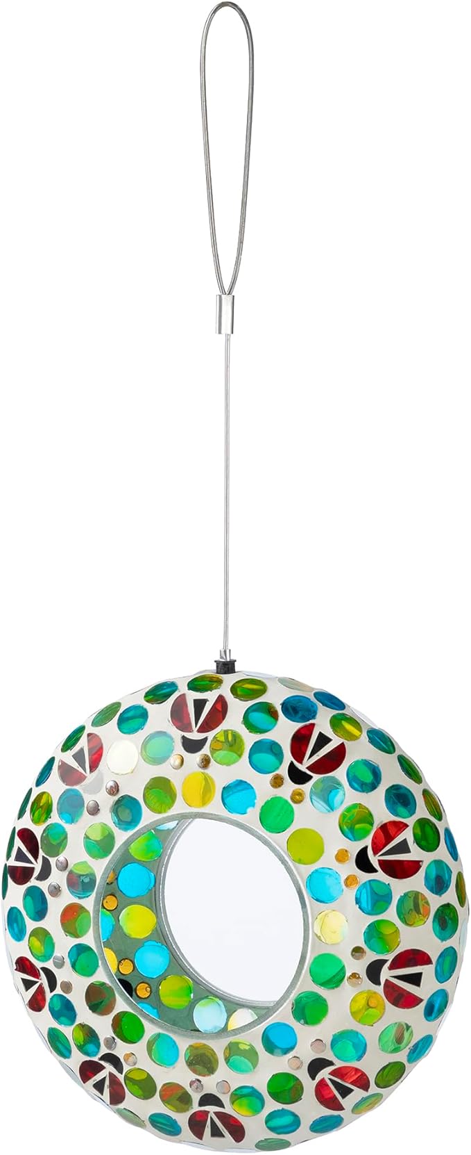 Glitzhome 8''D Mosaic Hanging Bird Feeder, Wild Bird Feeder with Blue/Green Dots & Ladybugs, Fly Through Bird Feeder for Outdoors Garden Yard Patio Deck Porch Decor