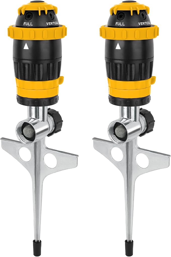 [2 Pack] RESTMO Gear Drive Sprinkler with Metal Spike Base, 5-Pattern Heavy Duty Gardening Watering System, Multi-Adjustable Lawn Sprinkle for Garden Plant, Flower Bed and Large Yard Area, Yellow
