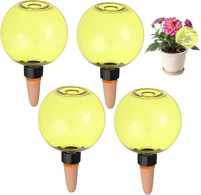 M METERXITY 4-Pack Plant Self Watering Globes, 6.7 oz Plastic Bubble Water Bulbs Top Fill for Indoor/Outdoor Plants, Self Watering Spikes Slow Release Terracotta [Yellow]
