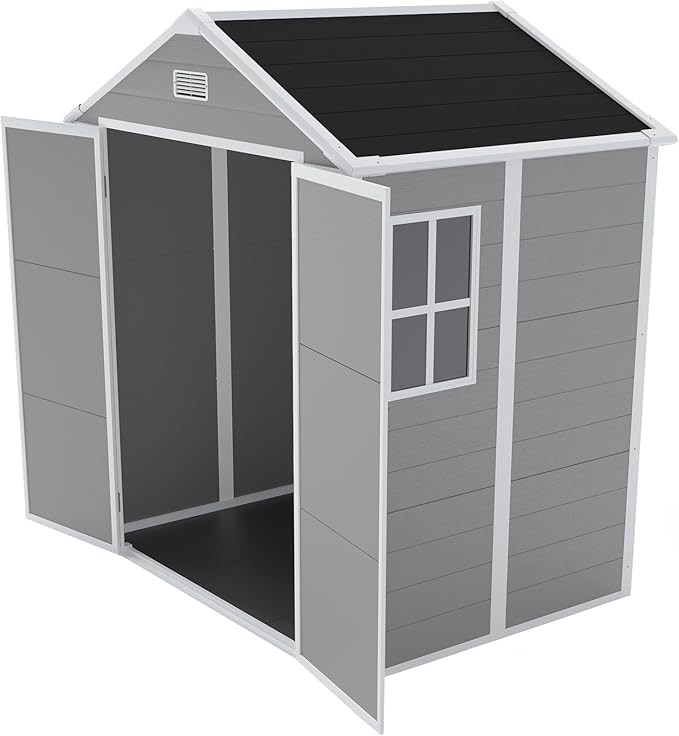 YOPTO 6x5 FT Resin Storage Shed,Garden House with Floor & Lockable Door,Waterproof Plastic Tool Sheds W/Slanting Roof Visual Window & Air Vents for Bicycles,Lawnmowers,Lawn,All Weather Use,Gray