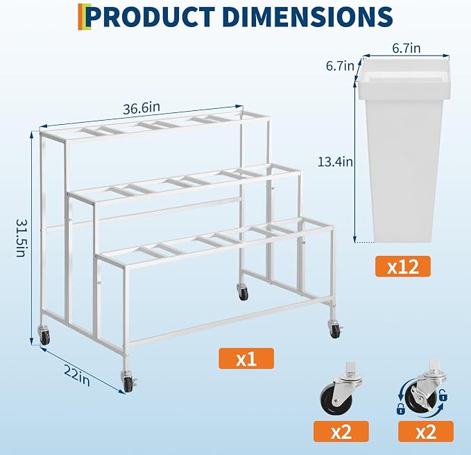 PeakPursuit 3-Tier Metal Flower Display Stand with 12 Square Plastic Removable Buckets and Wheels,Flower Display Cart for Indoor and Outdoor Use, White