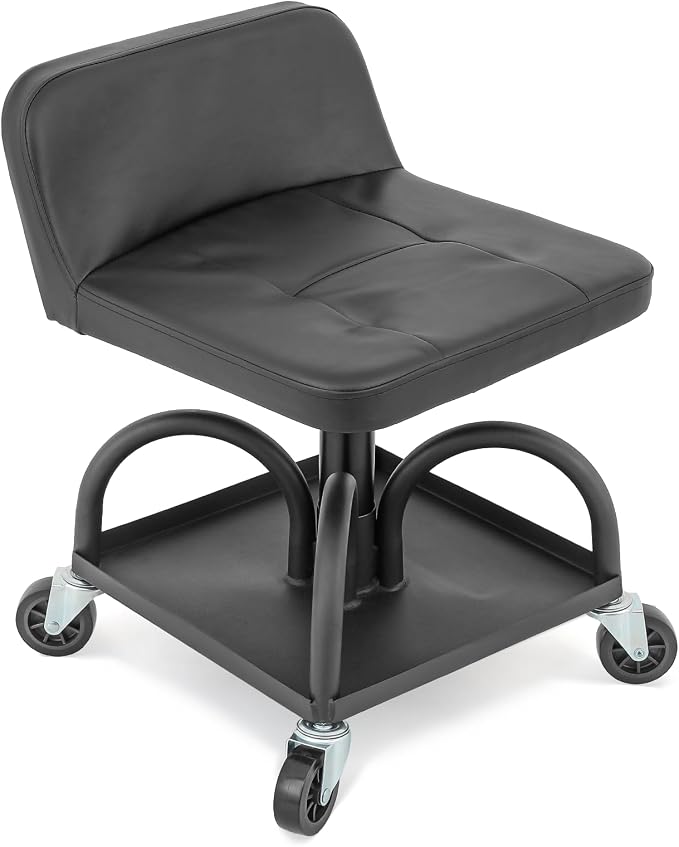 M-AUTO Padded Seat Garage Stool on Wheels, 16”-21” Height Adjustable Swivel Mechanics Seat with Tool Tray Storage for Garage and Garden, 300lbs Capacity