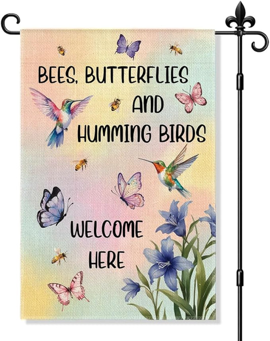 Bees Butterflies And Hummingbirds Welcome Here Garden Flag Double Sided Yard Outdoor Decoration 12x18 Inch, Gardening Outdoor Patio Decoration Garden Flag, Bird and Plant Lover Yard Sign