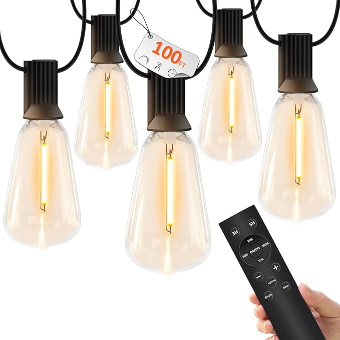 YOYONACY 100 FT Outdoor String Lights for Outside, IP65 Waterproof ST38 LED Shatterproof Bulbs, Dimmable & Timable, 3 Light Modes, Hanging Patio Edison Lights for Porch Backyard Cafe Bistro