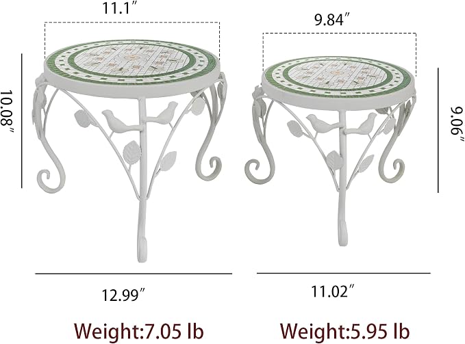 Set of 2 Plant Stand for Indoor Outdoor, Heavy Duty Cast Iron with 10" Ceramic Tile Top Plant Table, Tall Vintage Decorative Plant Rack, Mosaic Flower Pot Holder for Home Garden Porch Yard Patio