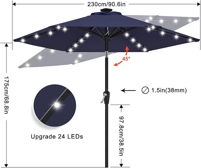 ABCCANOPY Durable Solar Led Patio Umbrellas with 24LED Lights 7.5FT with 6 Sturdy Ribs (Navy Blue)