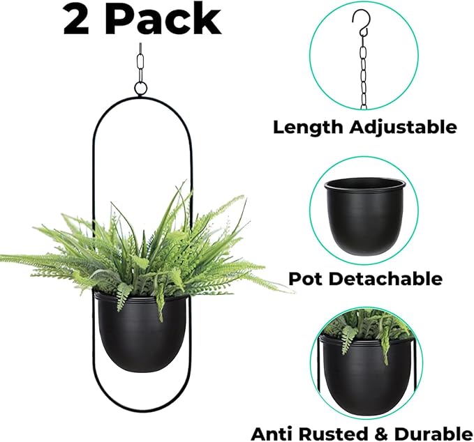 Shineloha 2 Pack Hanging Planters for Indoor Plants with 5.5" Pot + Ceiling Hook | Black Hanging Planter, Metal Plant Hanger, NO Plant incld