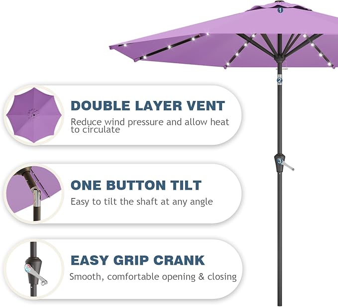 9FT Patio Umbrella with Solar Lights,Outdoor Market Umbrella with Tilt and Crank, LED Lighted Table Umbrella for Garden,Deck,Backyard,Pool,Beach