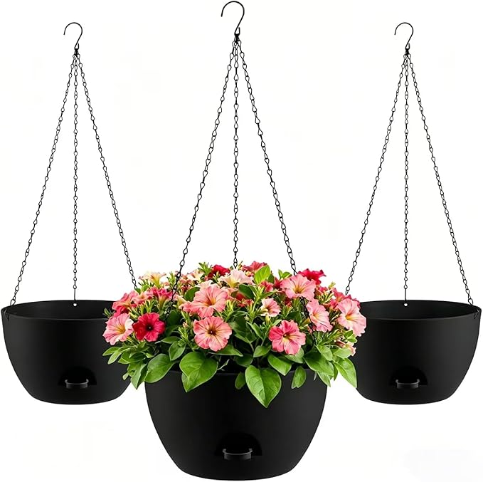 3-Piece Set of 10-Inch Hanging Planters with Automatic Watering System and Drip Tray, Includes Metal Chain, Suitable for Various Indoor and Outdoor Plants and Flowers,Black