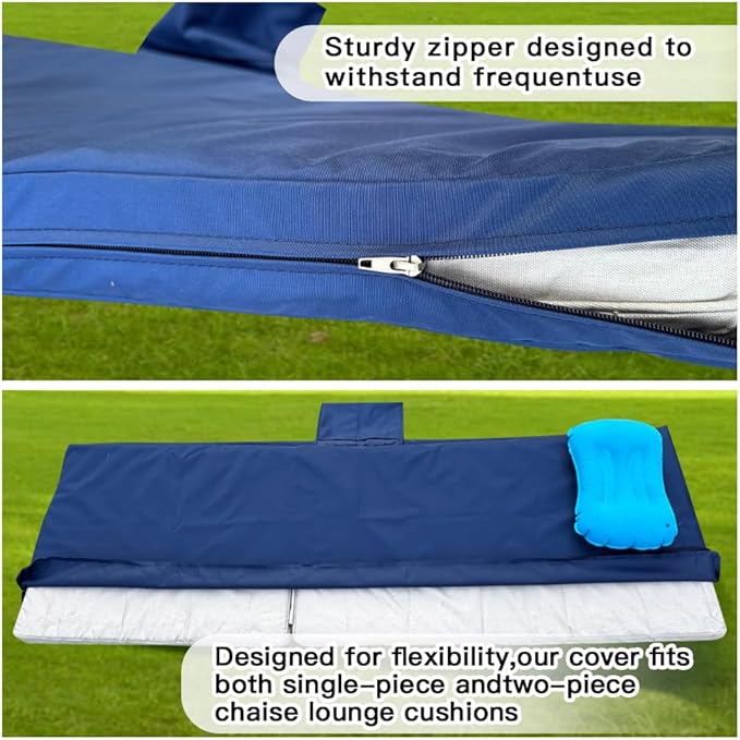 Replacement Covers for Outdoor Chaise Lounge Cushions, 80 x 26 x 3 Inch Patio Lounge Chair Cushion Covers–Waterproof, Fade-Resistant, with 2 Pockets & Inflatable Headrest (Cover Only) Navy blue