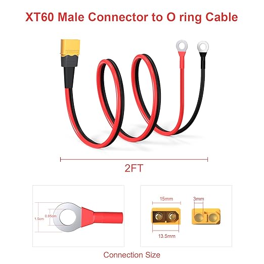 ELFCULB XT60 to O Ring Terminal Cable, 12AWG XT60 Male to O Ring Connector Cable with Tinned Pure Wire for RC Battery Solar Portable Power Power Station and Solar Panel(2FT)