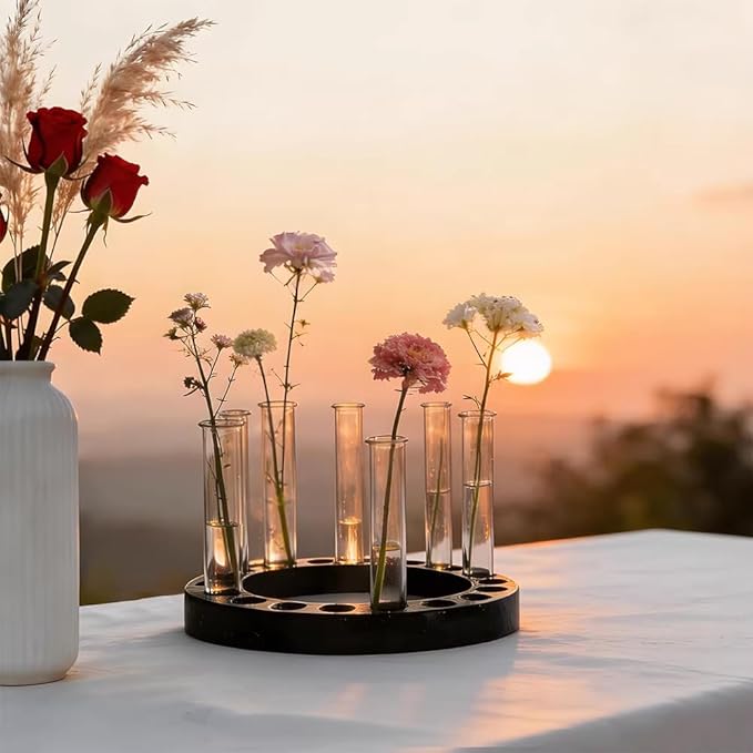 Flower Vase Resin Molds Silicone， Circular and Curved Silicone vase Base+32 Flower Arranging Test Tubes, Suitable for Inserting Fresh Flowers and Cultivating Plants, Desktop Vases Home Decor (D)