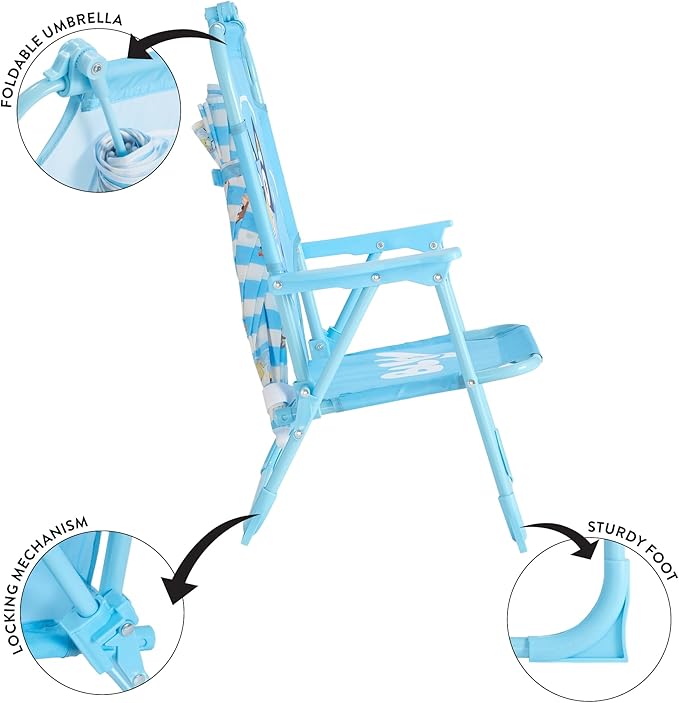 Idea Nuova Bluey Kids Outdoor Folding Beach Chair with Umbrella,Portable Camp Chair for Ages 3+, Lightweight & Compact for Beach, Camping, and Backyard
