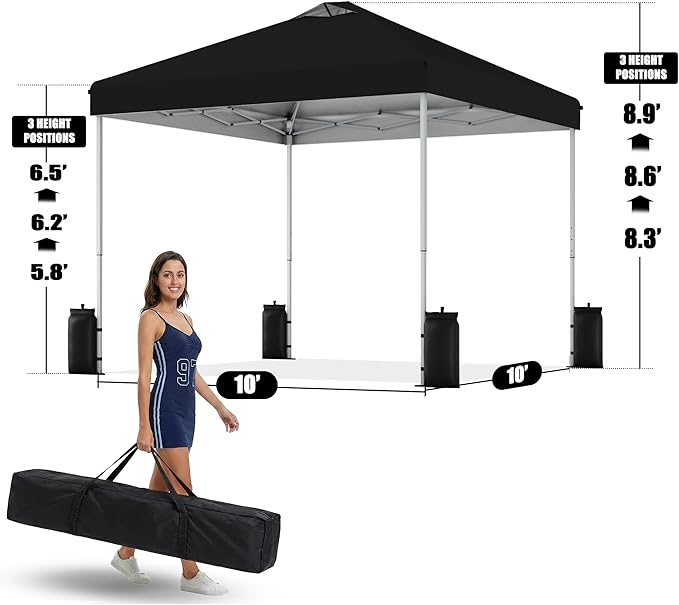 SANWAY 10x10 Pop Up Canopy Tent, One Push Setup, Heavy Duty Portable for Beach Camping Parties with Vents - Black