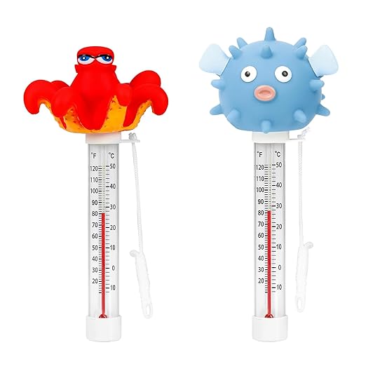 XY-WQ 2 Packs Floating Pool Thermometer, Large Size Easy Read for Water Temperature with String - Outdoor and Indoor Swimming Pools and Spas (Octopus & Puffer 08)