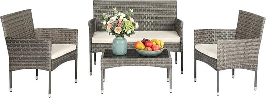 FDW Outdoor Patio Furniture Set Wicker Patio Set PE Rattan Furniture Bistro Set for Outdoor Indoor Use with Loveseats Coffee Table, Khaki Cushions, 4 Pieces