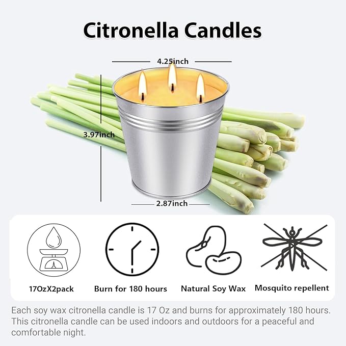 Citronella Scented Candles Outdoor Indoor, 2Pack 34oz Large 3-Wick Soy Wax Candles, 180 Hour Long Lasting Summer Candles for Patio Camping Backyard