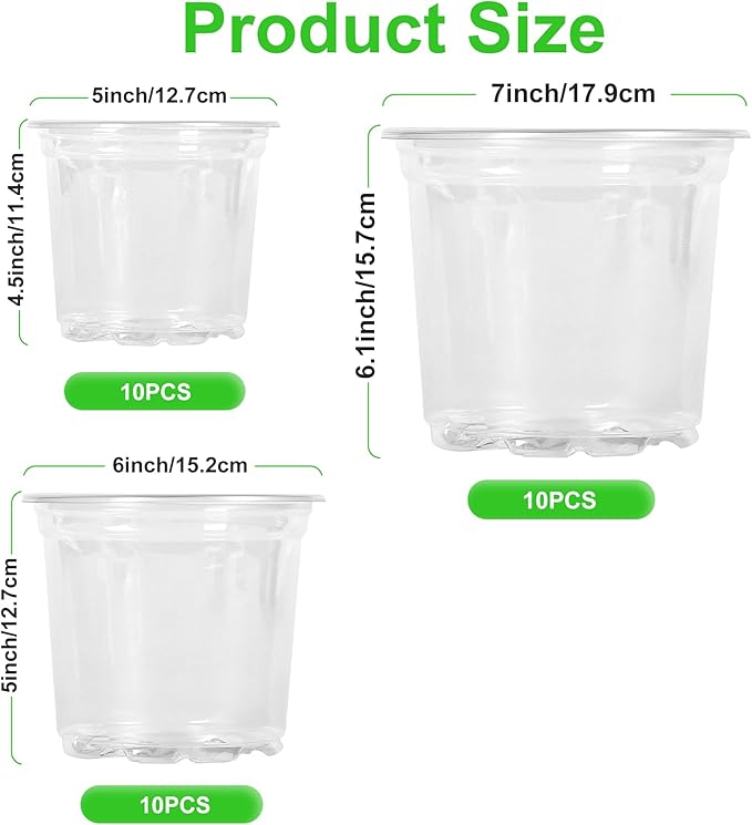JERIA 30 Pack 5/6/7 Inch Clear Nursery Pots with Drainage Holes, Clear Plant Pot for Planting, Transparent Plastic Plant Pots,Durable Seed Starting Pot for Succulents